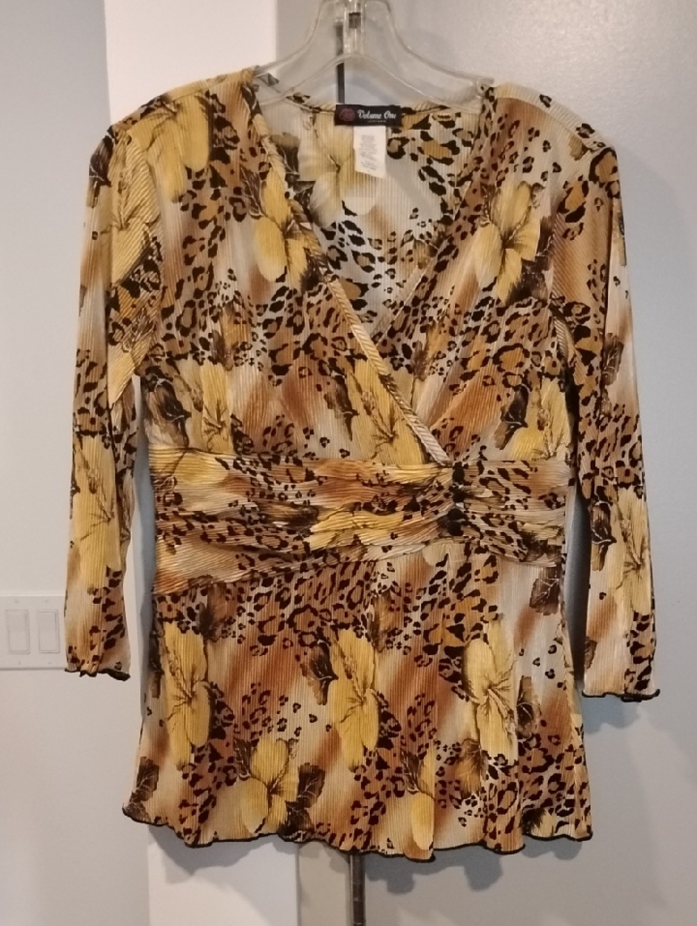 Women's Floral & Leopard Print Wrap-Style Long Sleeve Top - Tan